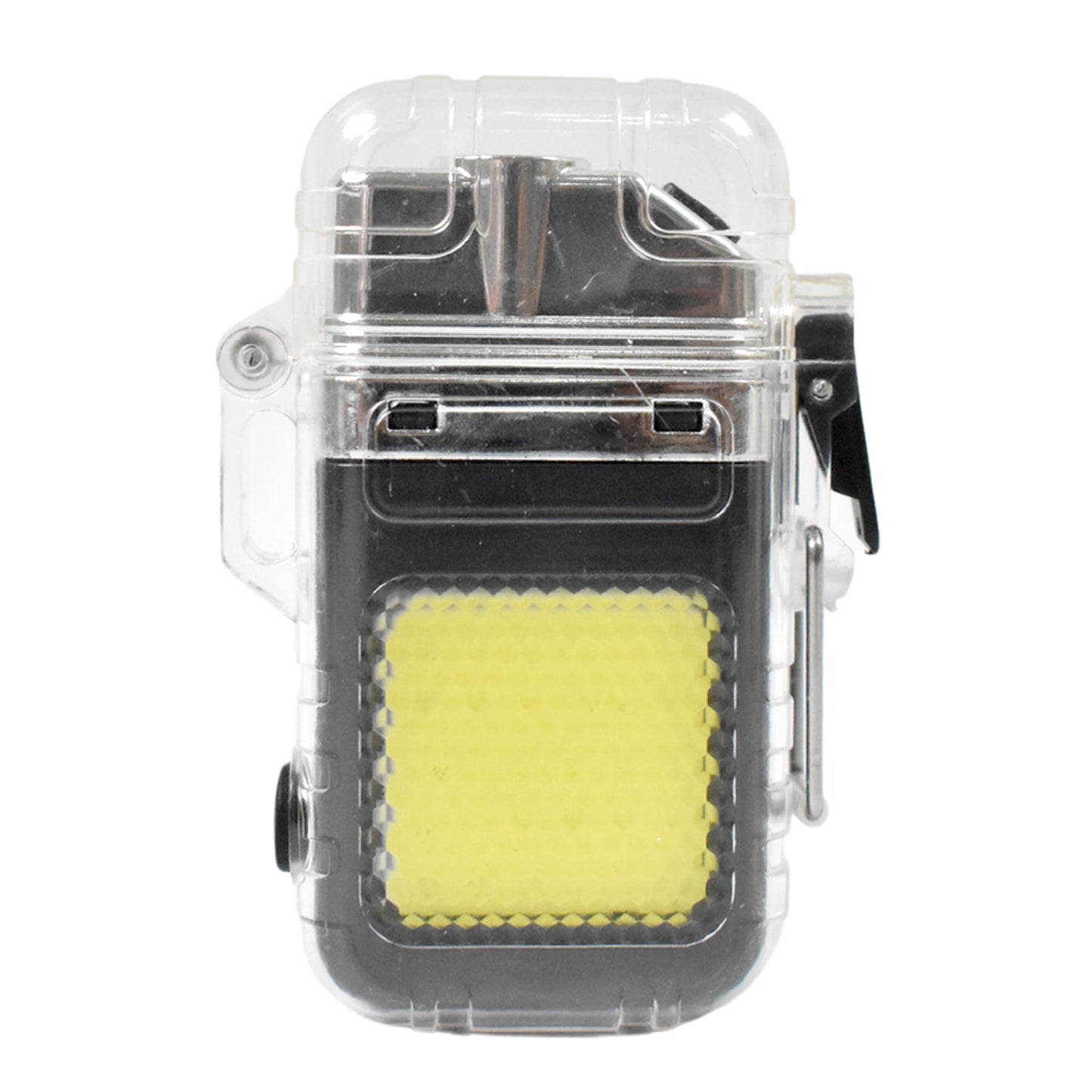 Detailed view of the transparent body and USB-C charging port on the electric lighter.