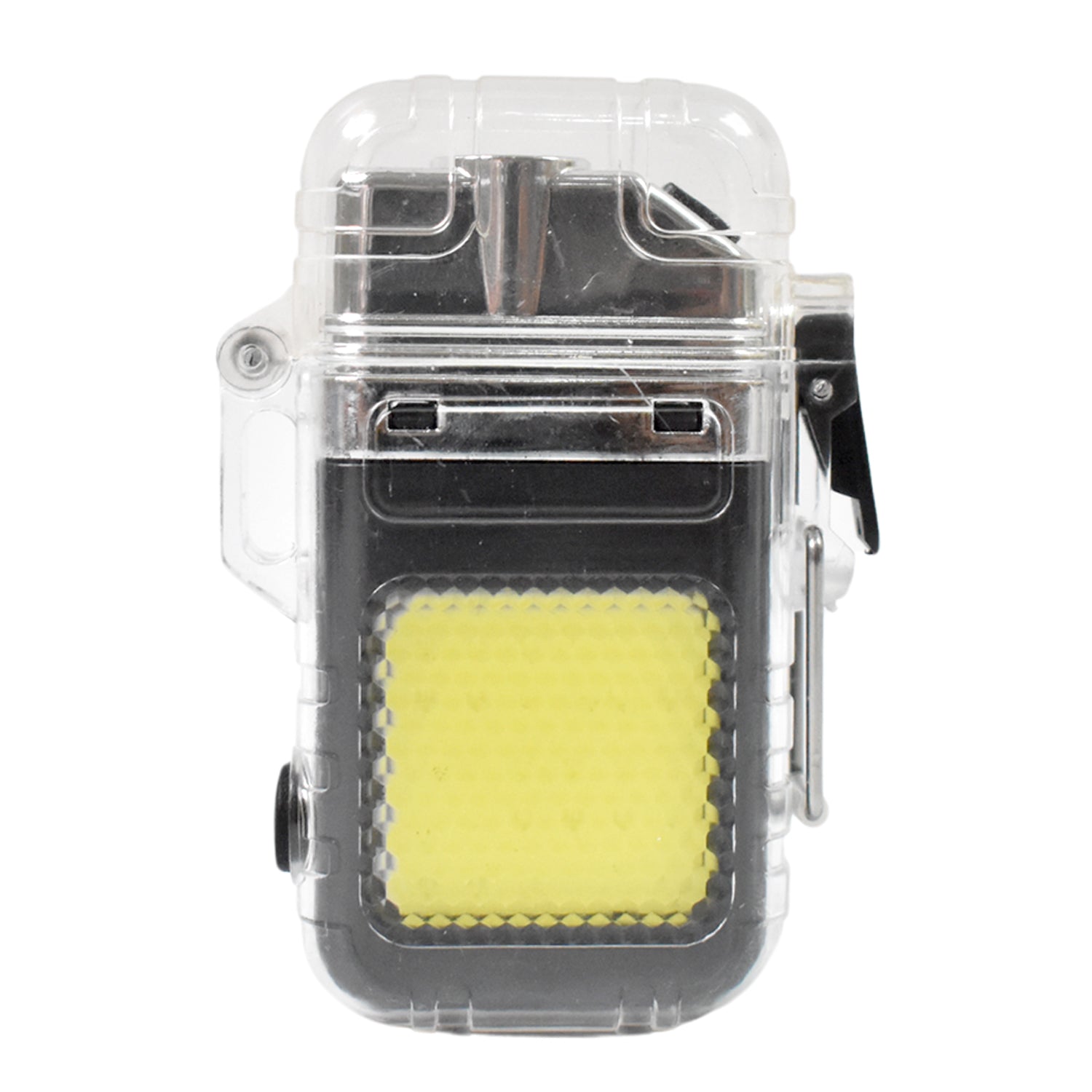 Detailed view of the transparent body and USB-C charging port on the electric lighter.