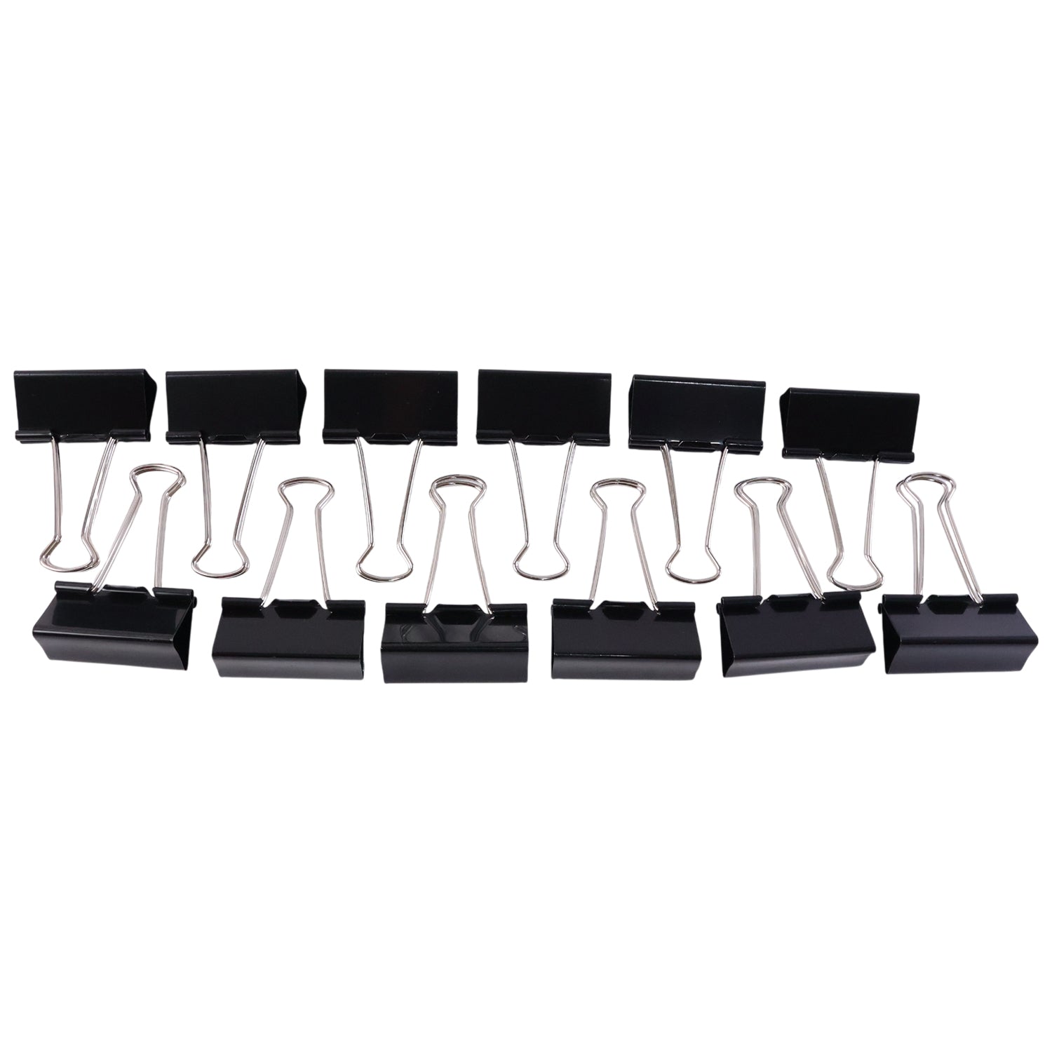 Neatly arranged black metal binder clips 19mm size