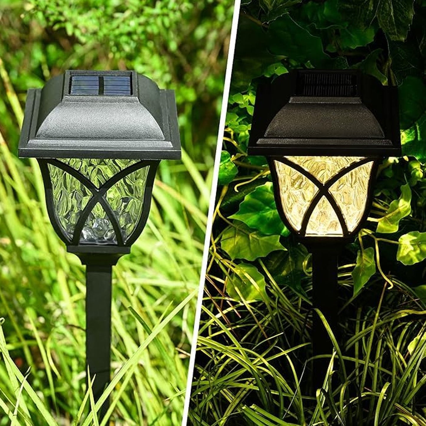 A pair of FitFuzion solar pathway lights installed in a lush green garden, showcasing their elegant design.