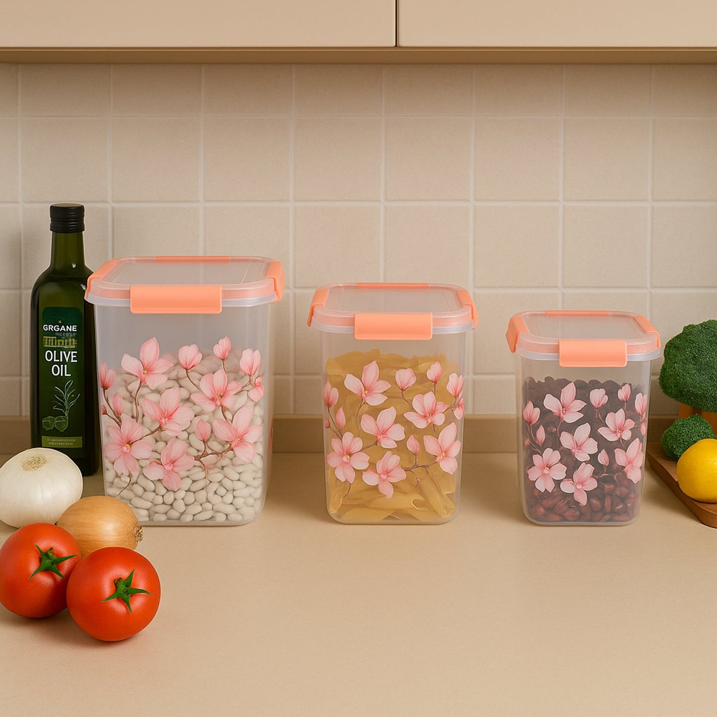 Close-up of the orange clip-lock lid on a floral airtight storage container.