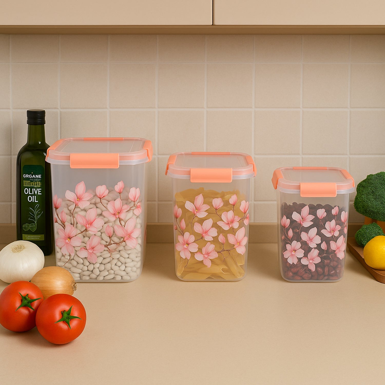 Close-up of the orange clip-lock lid on a floral airtight storage container.