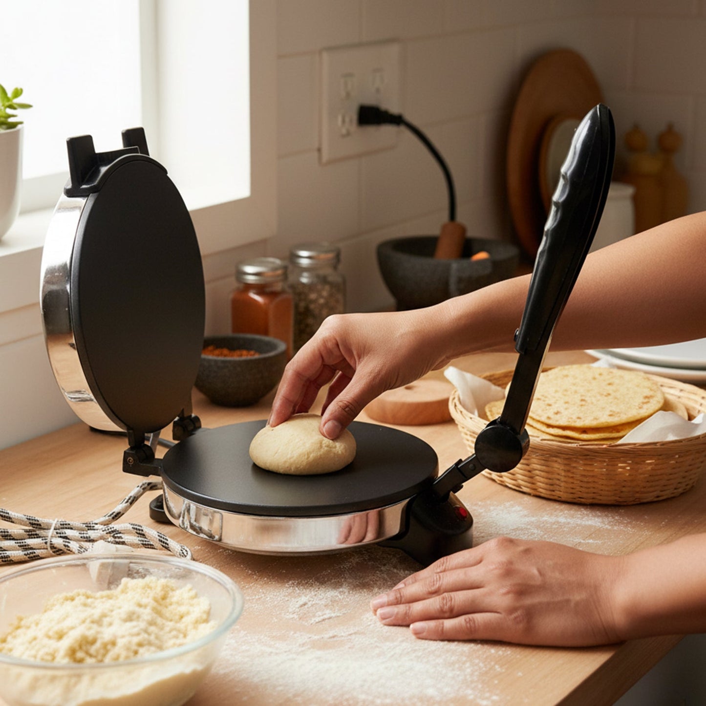 Electric roti maker cooking fresh roti for homemade meals