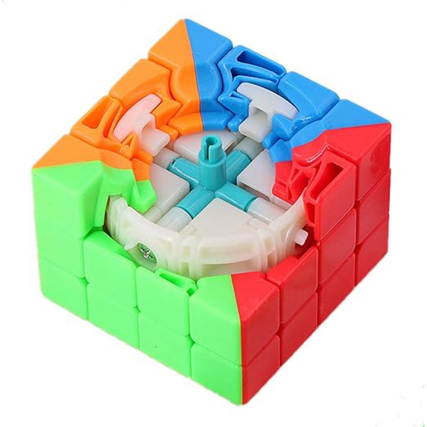 Kids and adults collaboratively engaged with the challenging 4x4x4 magic cube puzzle.