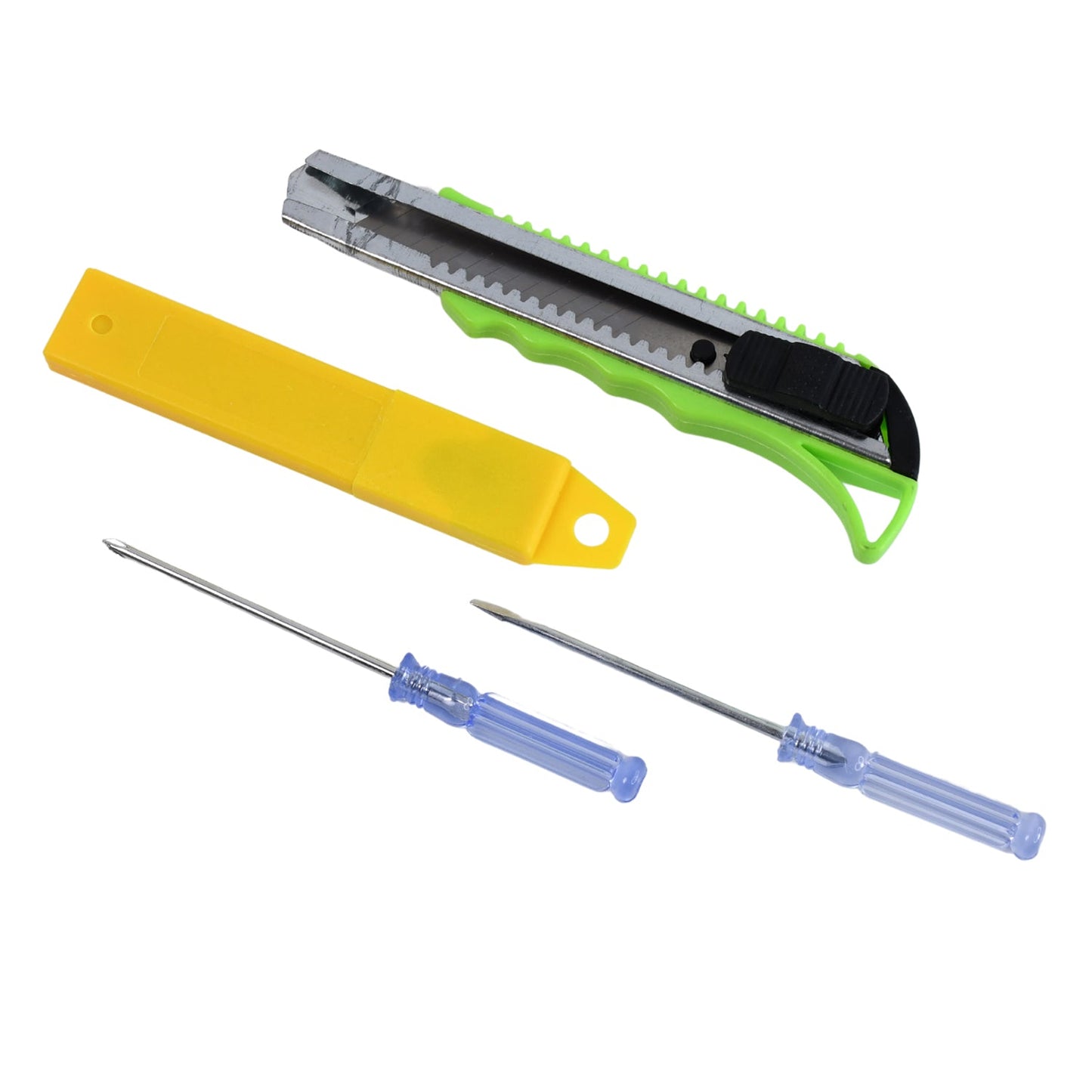 Multi-tool set including cutter blade and flathead and Phillips screwdrivers
