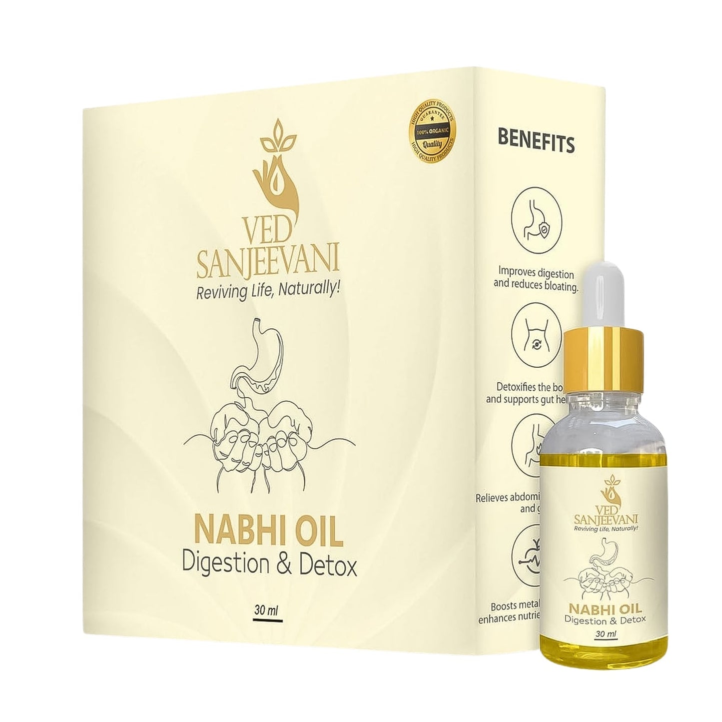 Detox Nabhi Oil bottle highlighting natural ingredients
