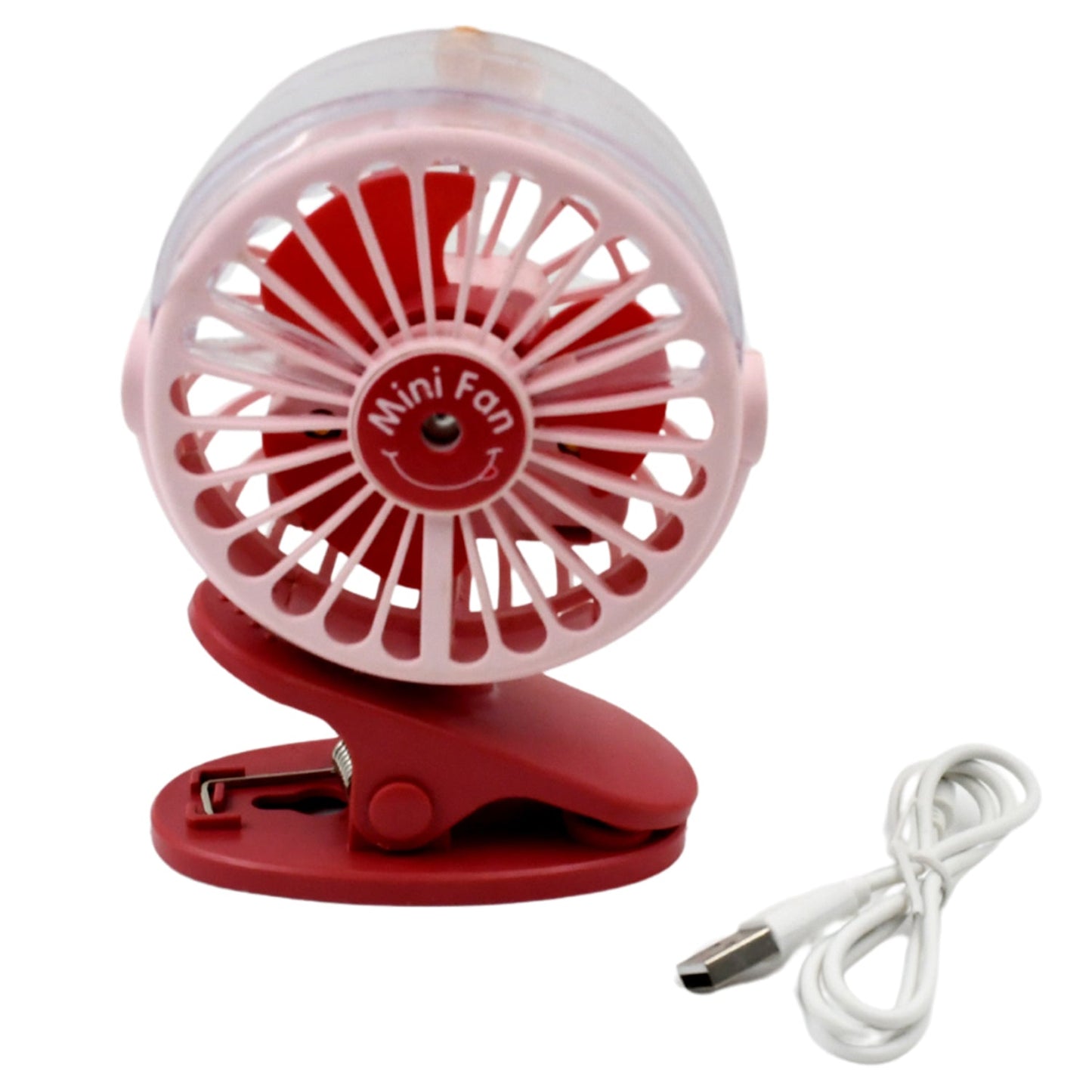 The compact  clip-on fan with its refreshing spray mist feature activated.