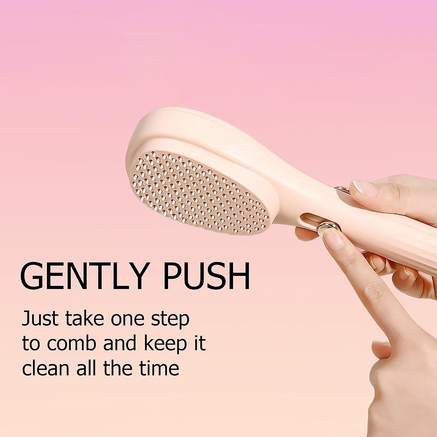 Hand pressing button to activate self-cleaning feature of detangling hairbrush