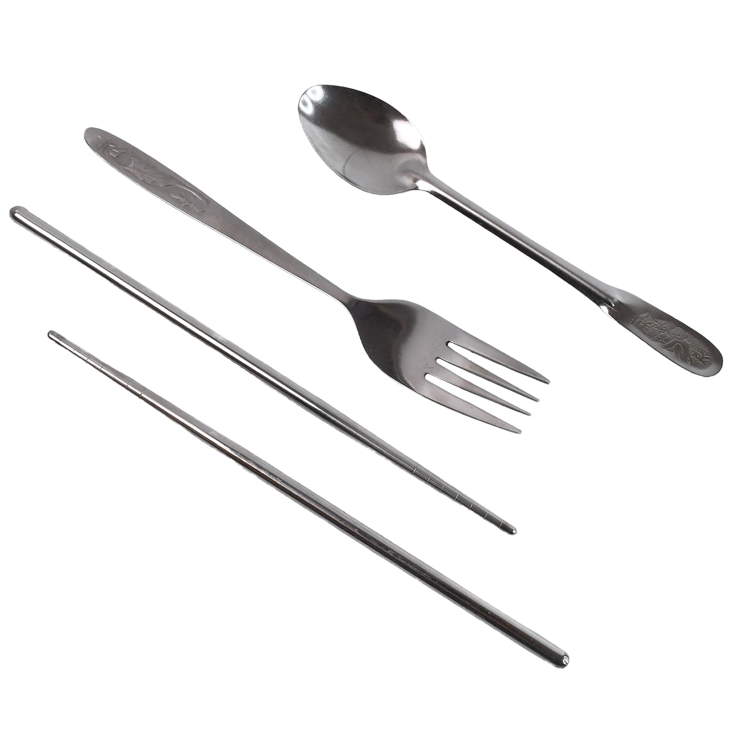 Stainless steel fork, spoon, and chopsticks from the portable cutlery set