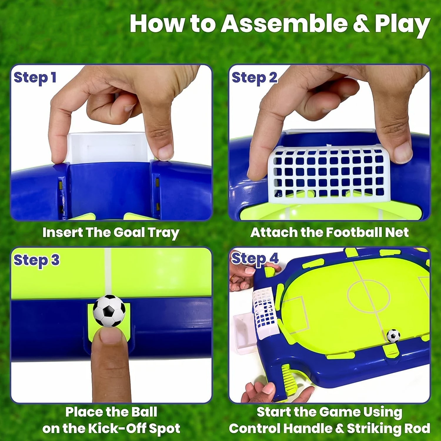 Desktop football flick game setup showing mini soccer balls and goalposts