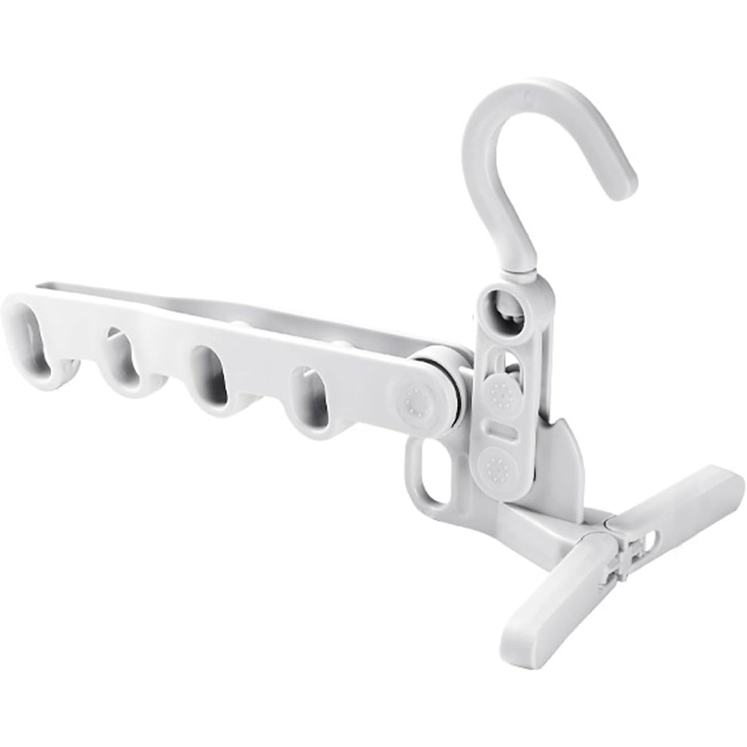 The durable plastic construction of the 5-hole foldable clothes hanger.