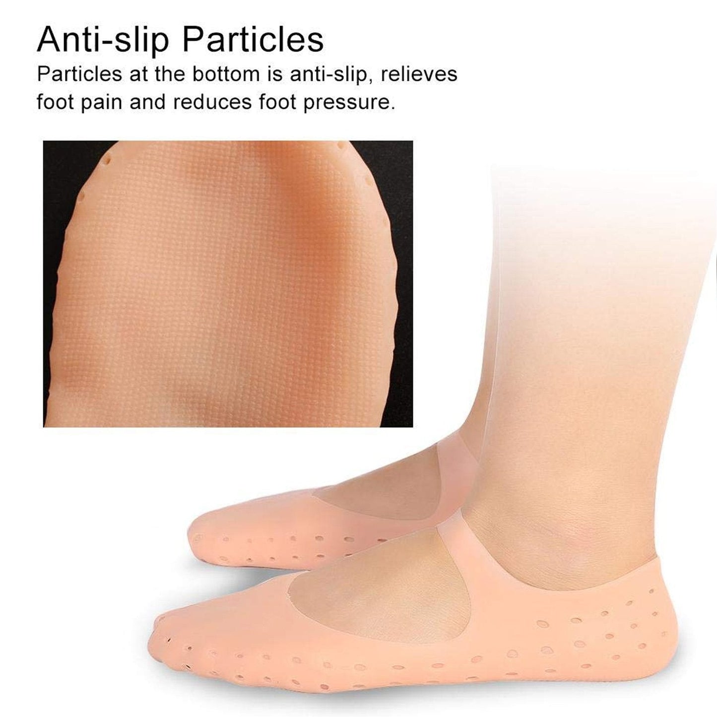Side view of a foot wearing a soft gel sock, designed to heal and moisturize cracked feet.