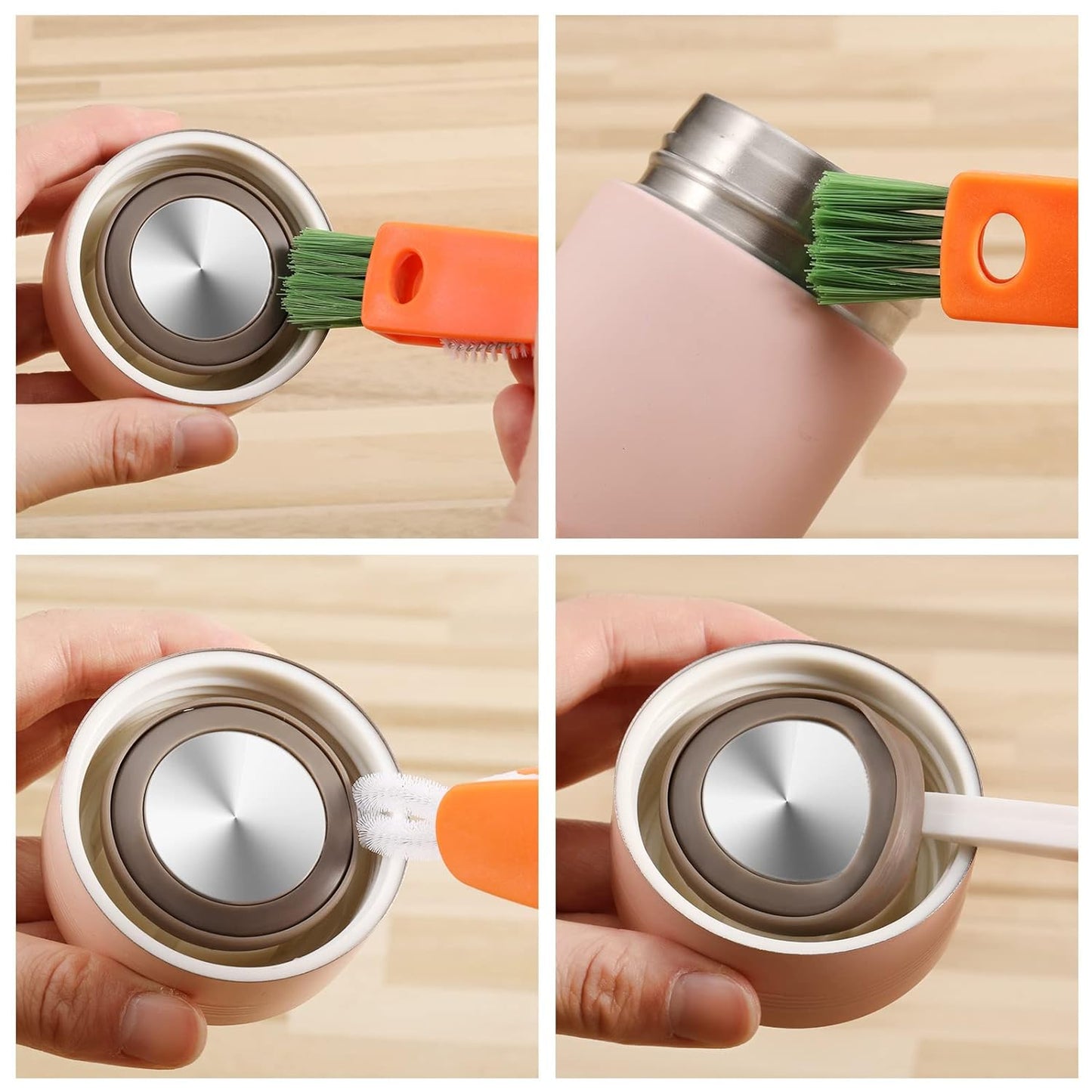 Ergonomic cleaning brush effectively tackling grime on a bottle lid and cap.