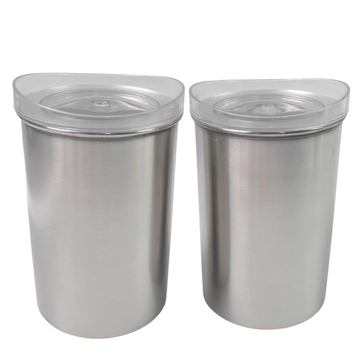 Close-up of the transparent lid and brushed finish of a Konvex steel container, highlighting quality.
