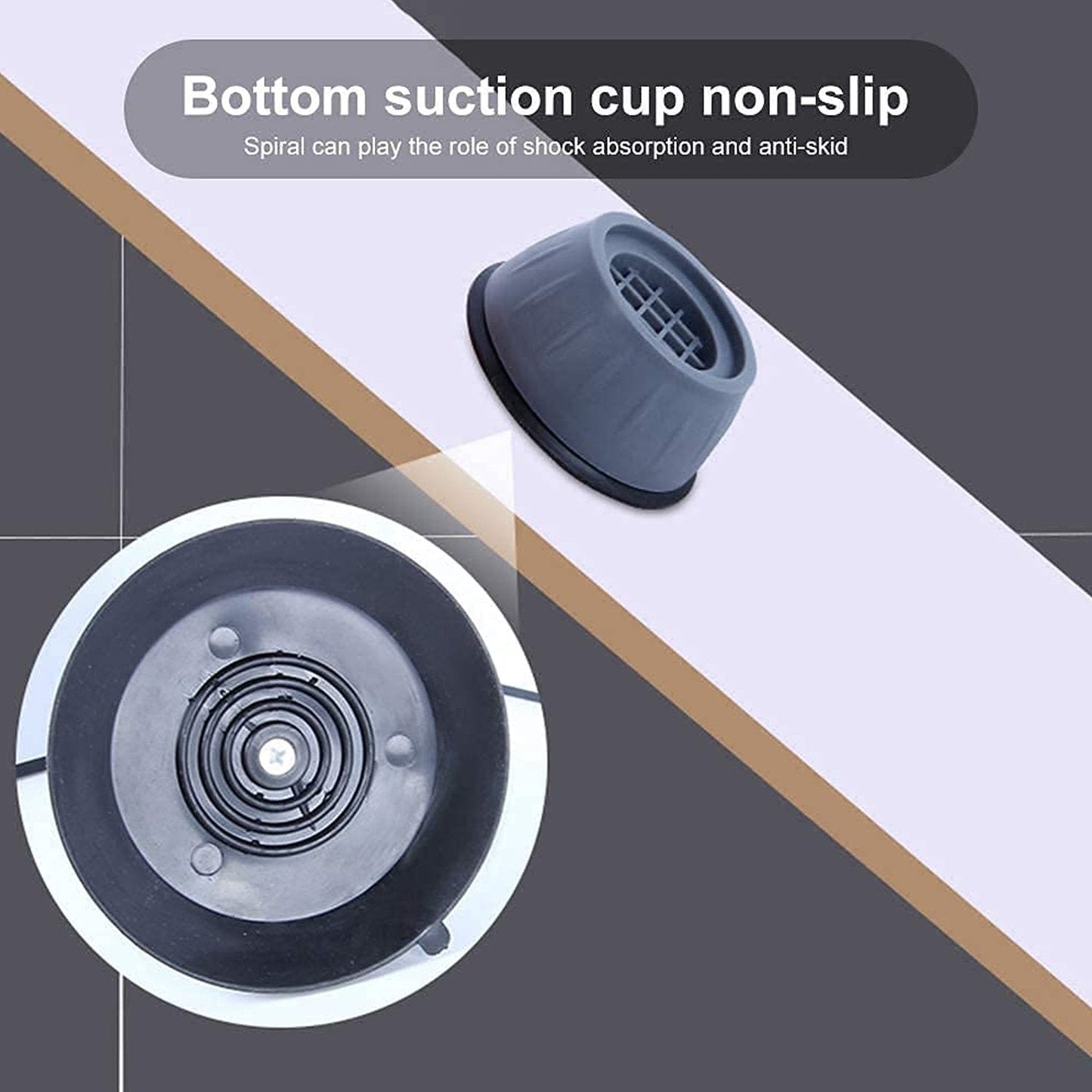 Washing machine and dryer stabilized with anti vibration pads on a tiled floor.