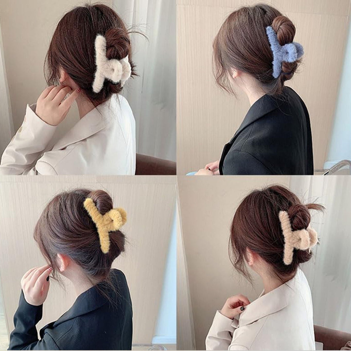 Side view of a fluffy plush hair claw clip, highlighting its generous size and soft finish.