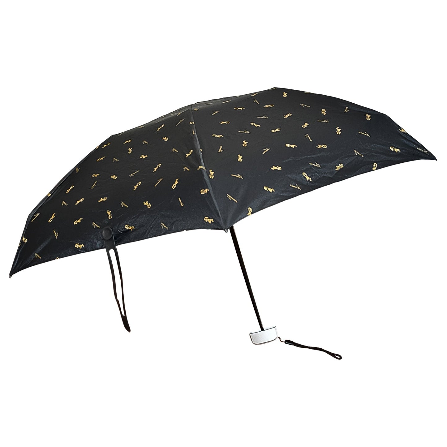 Top-down view of the closed compact umbrella with its zip case.