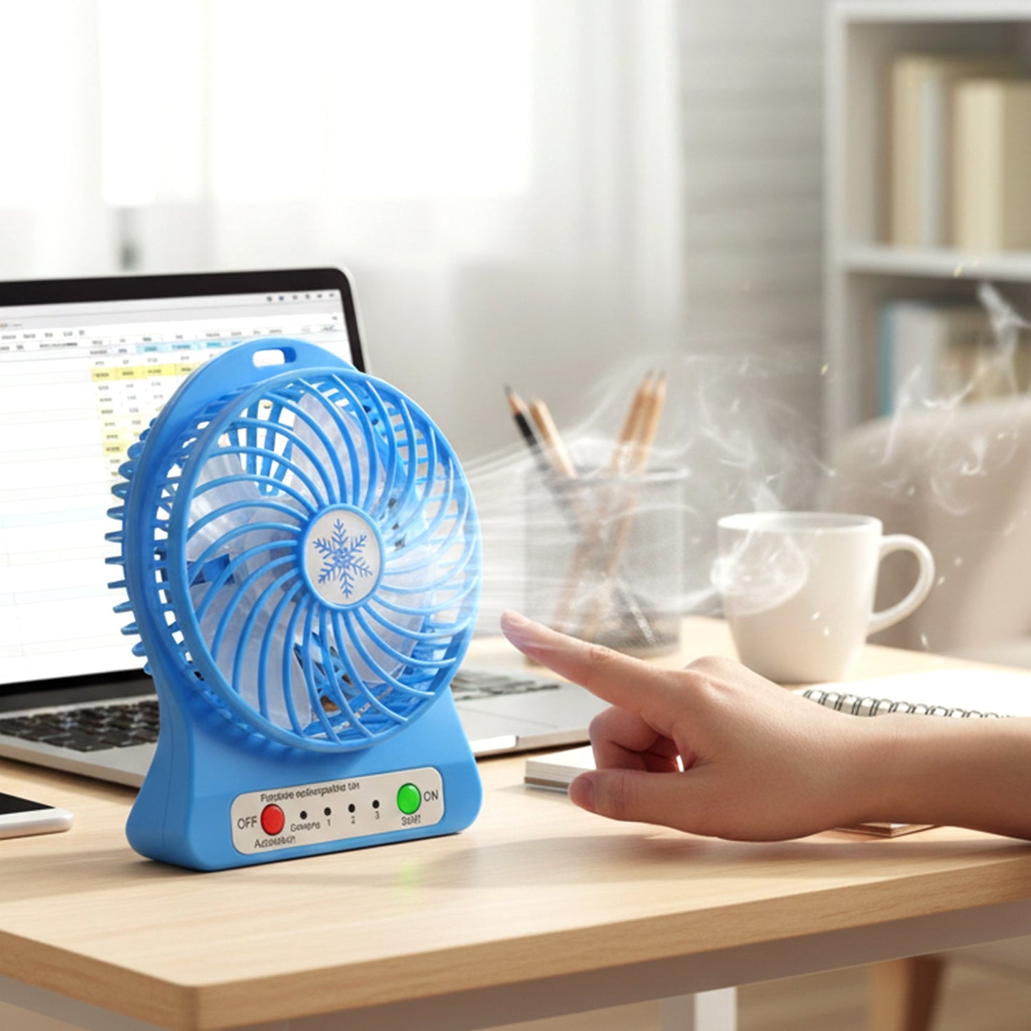Side view of portable rechargeable mini table fan showing LED light