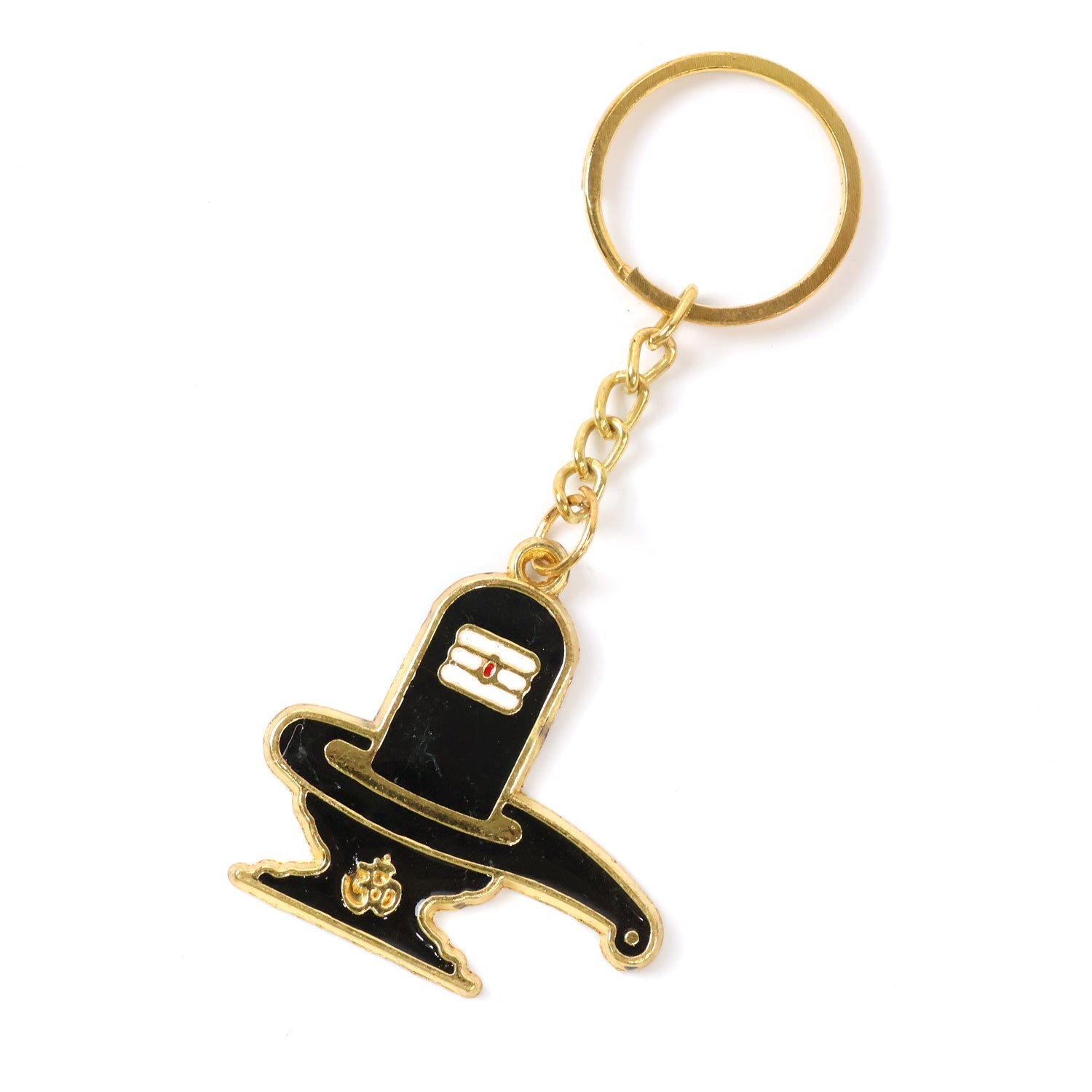 Golden metal Shivling keychain highlighting sturdy keyring and chain