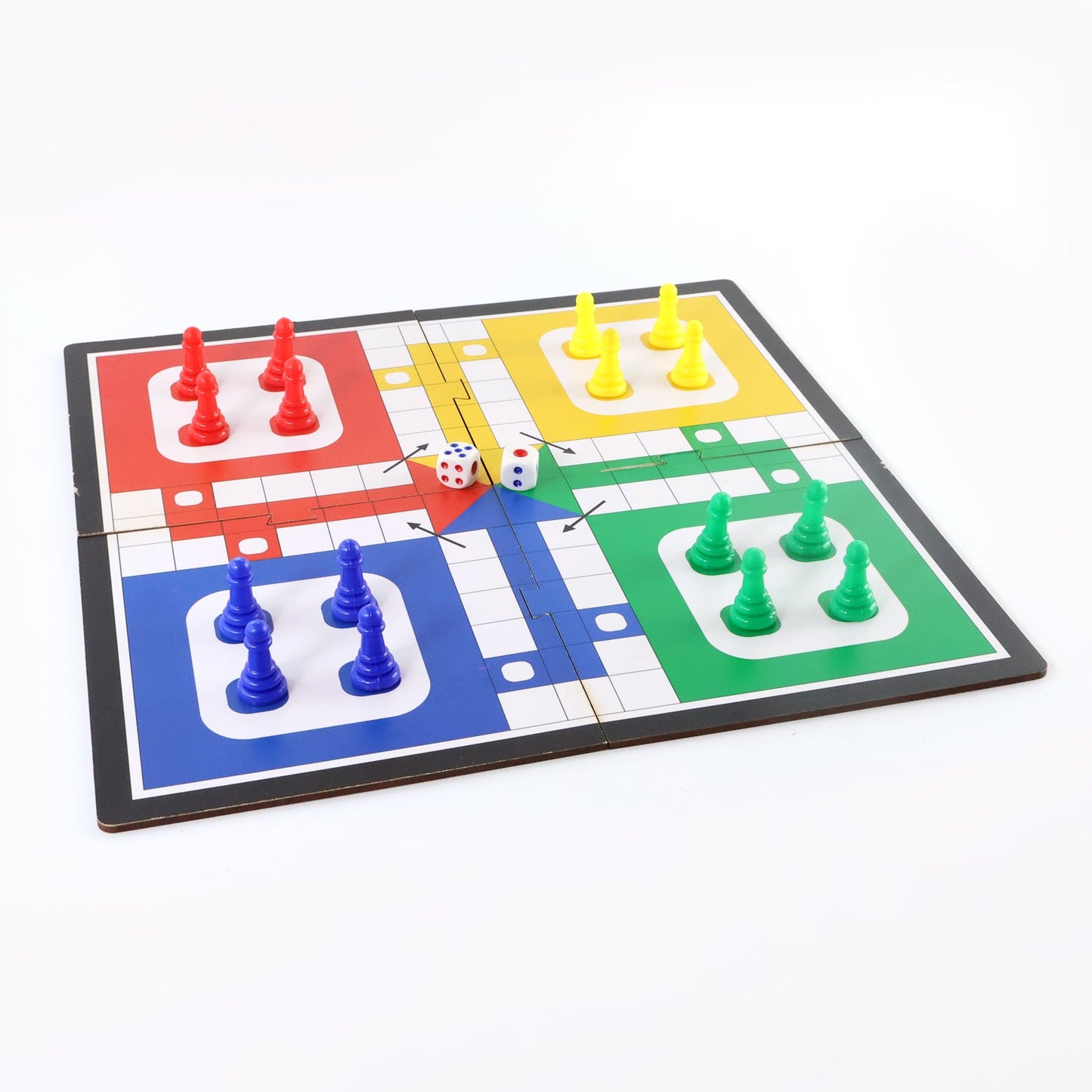 Ludo game components including vibrant pawns and dice on the playing board.