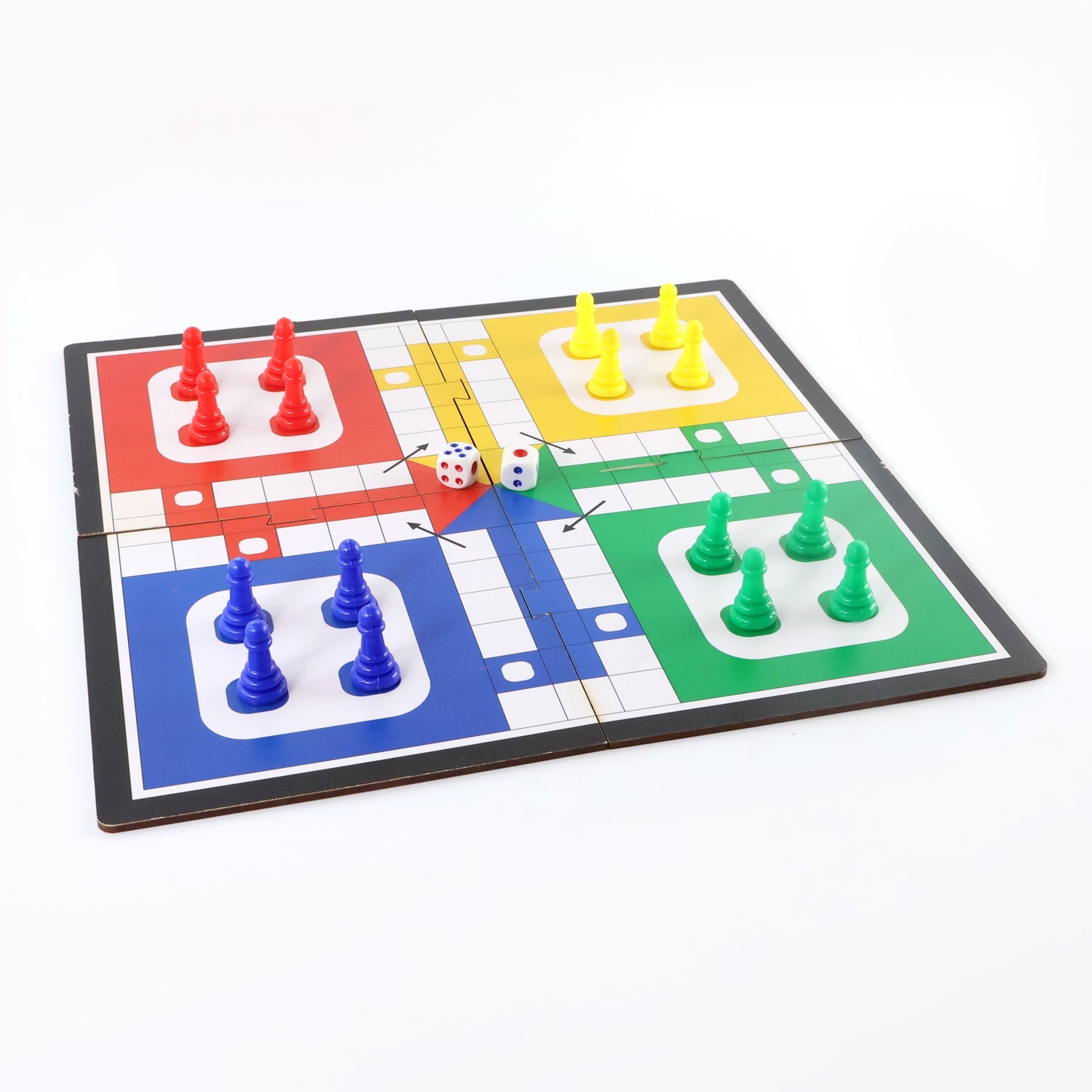 Ludo game components including vibrant pawns and dice on the playing board.