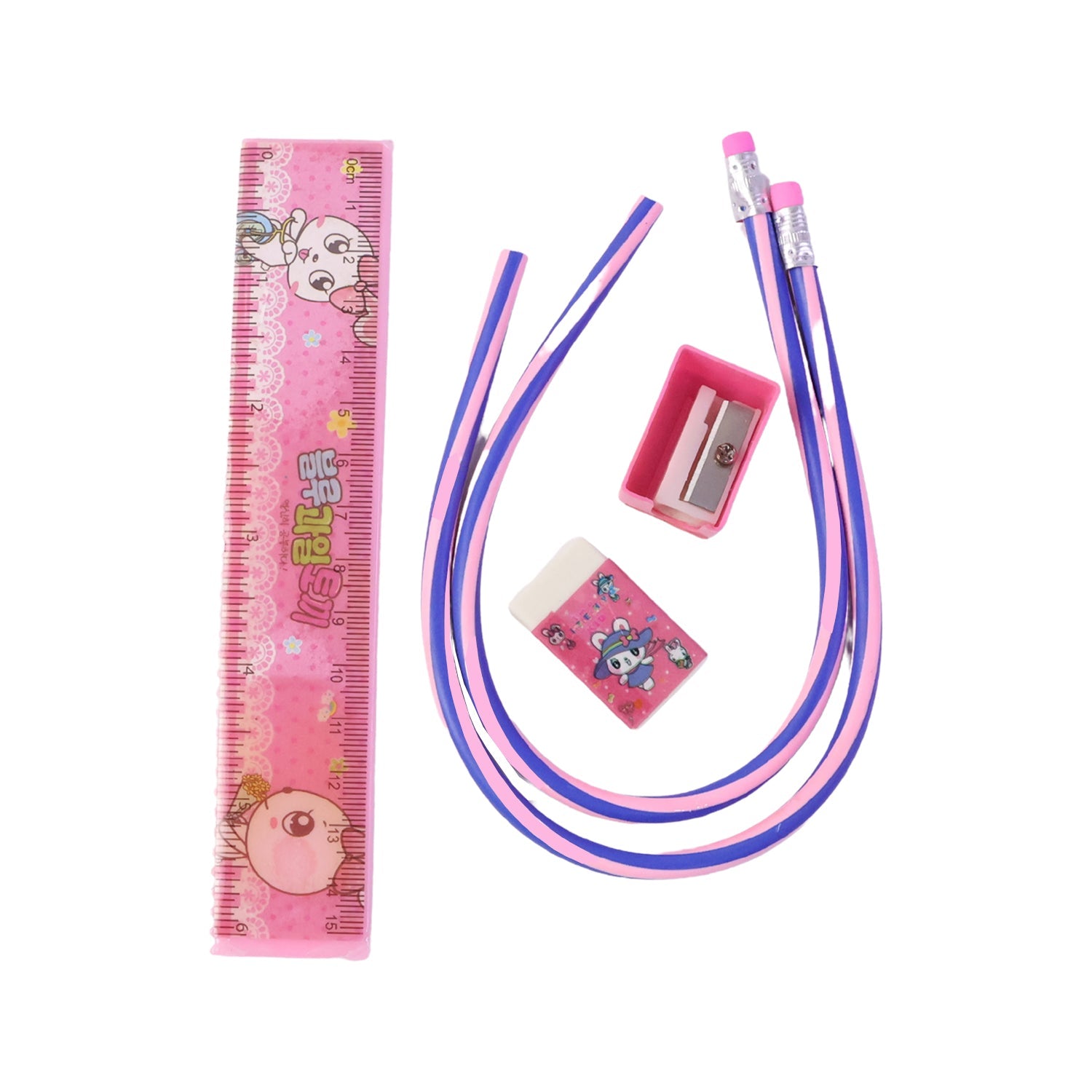 Closeup of colorful kids school stationery kit showing item details
