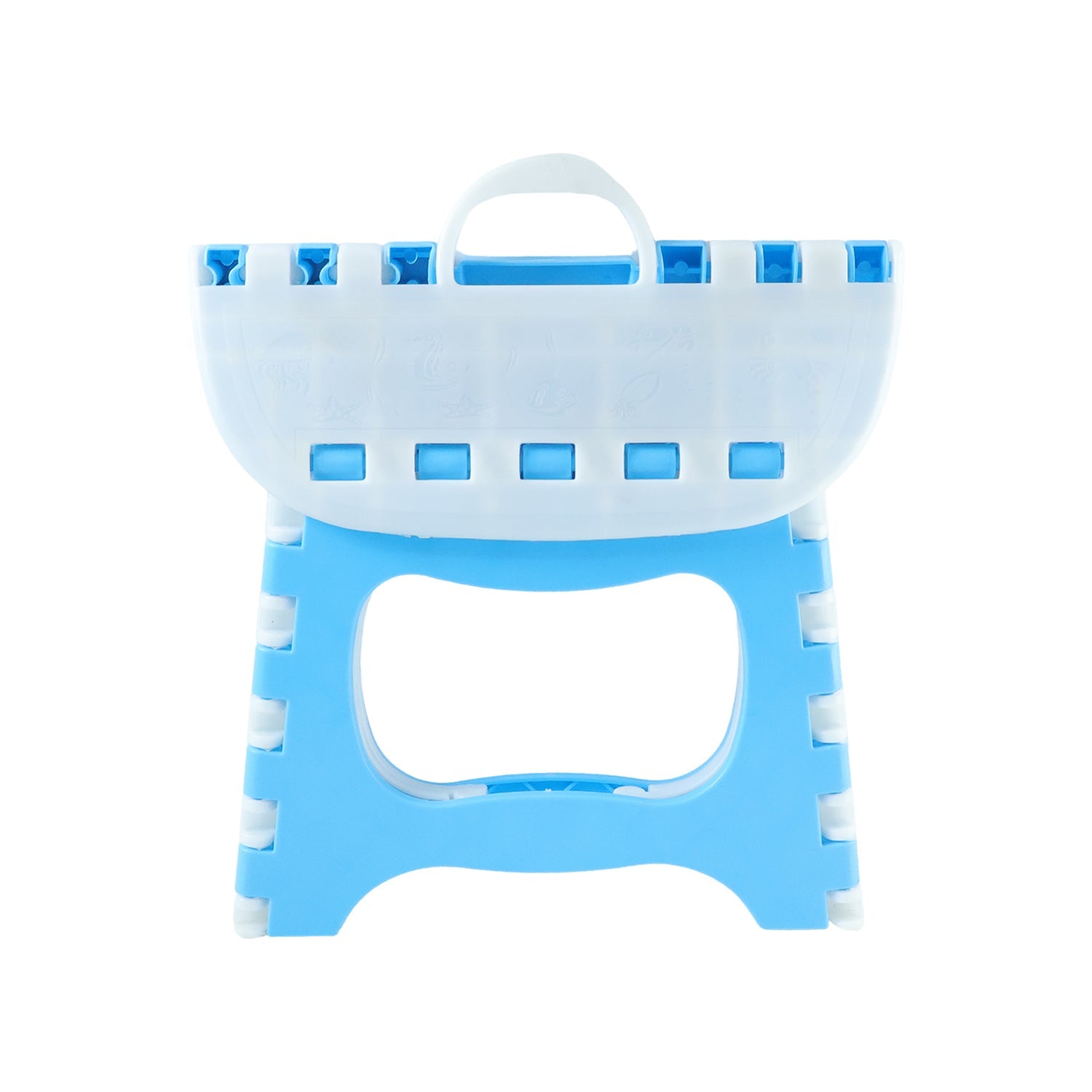Adult using foldable step stool to reach high kitchen shelf