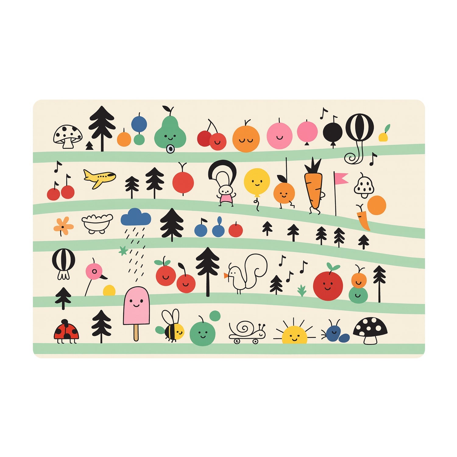 Set of mats for children with colorful cartoon and fruit themes