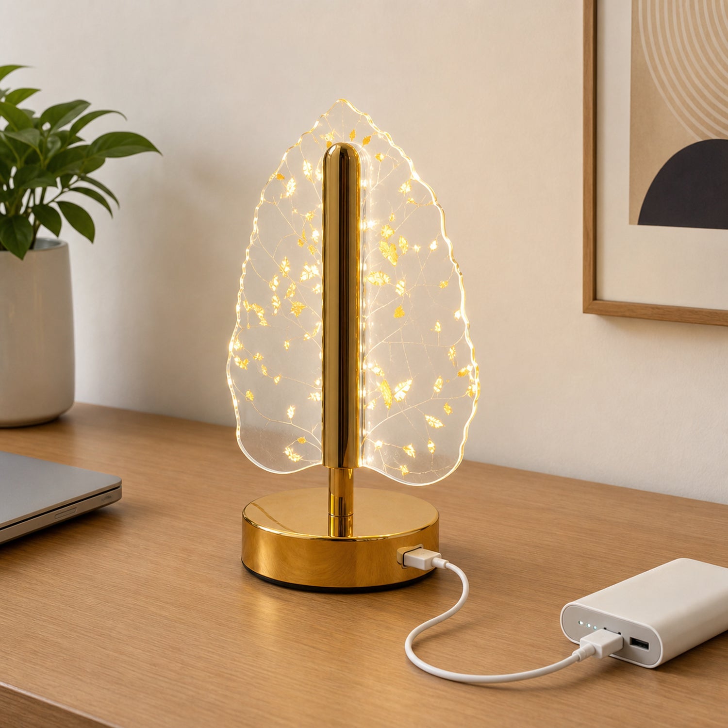 Demonstration of USB charging feature on the golden crystal leaf-shaped LED lamp