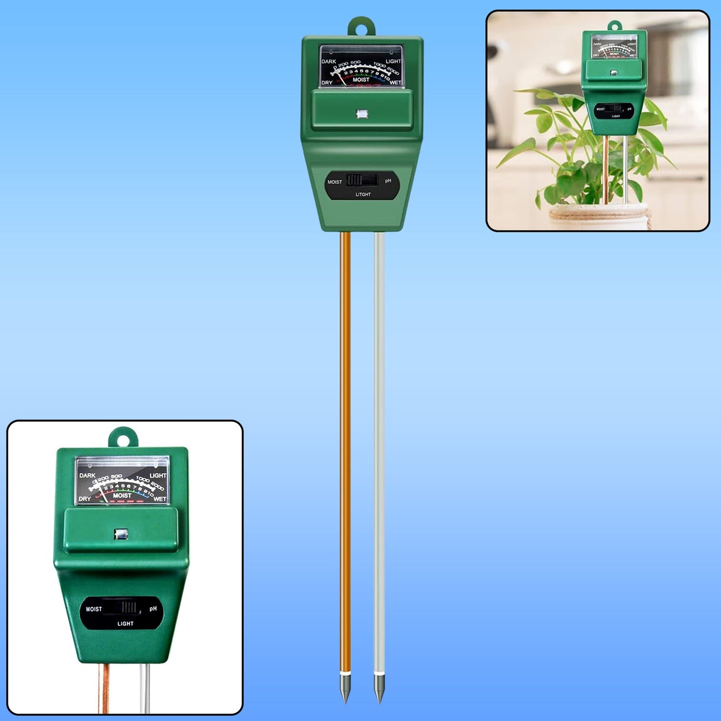 A 3-in-1 soil pH meter showing its probe and display for moisture, light, and pH levels.