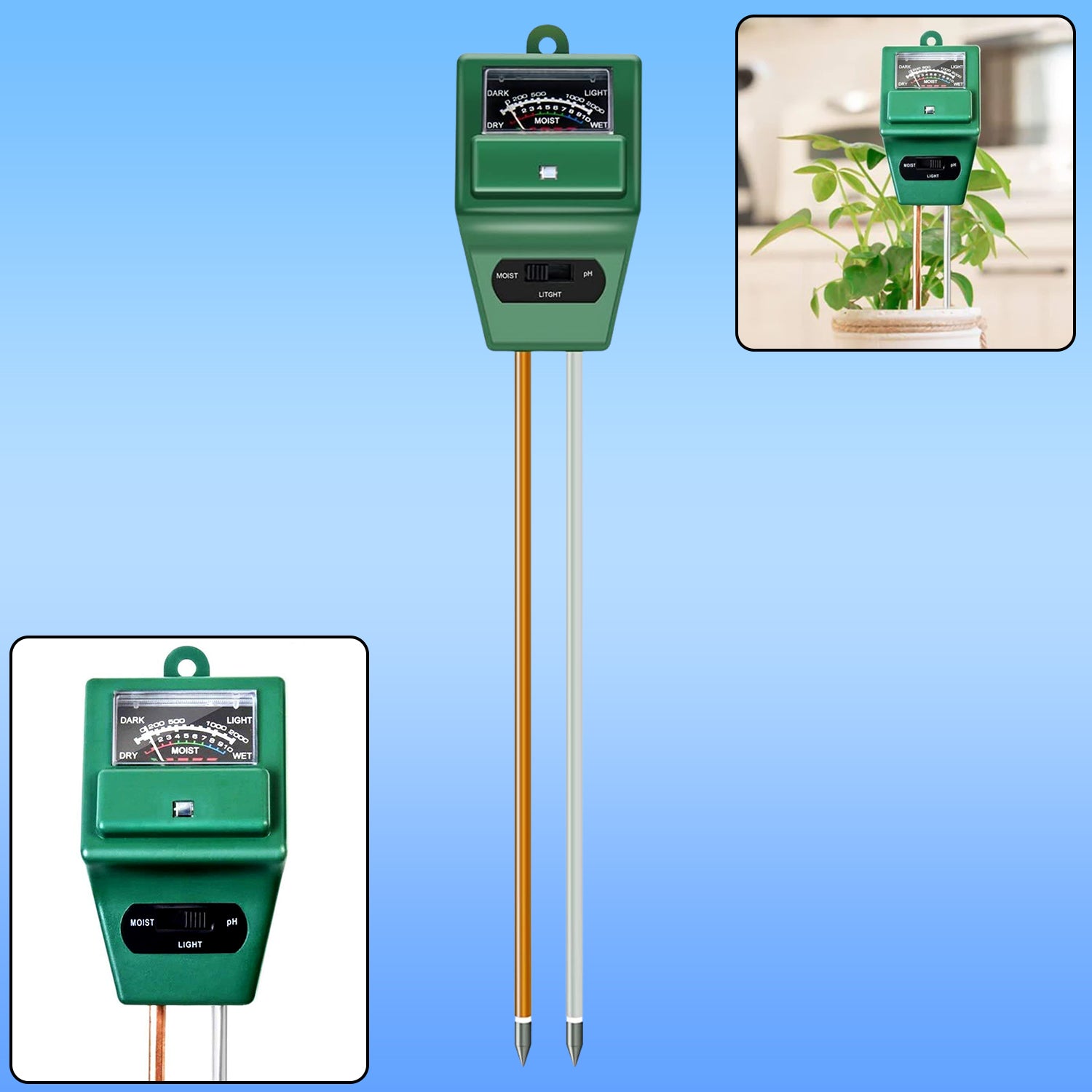 A 3-in-1 soil pH meter showing its probe and display for moisture, light, and pH levels.