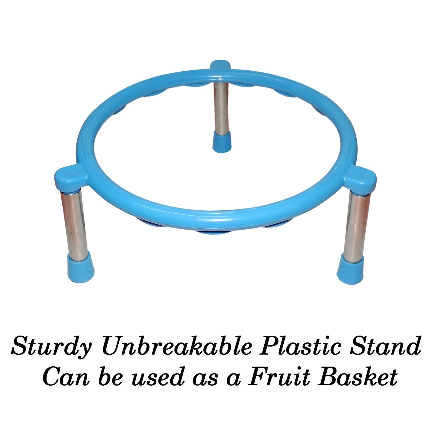 Isometric view of the durable stainless steel matka stand with anti-skid feet.