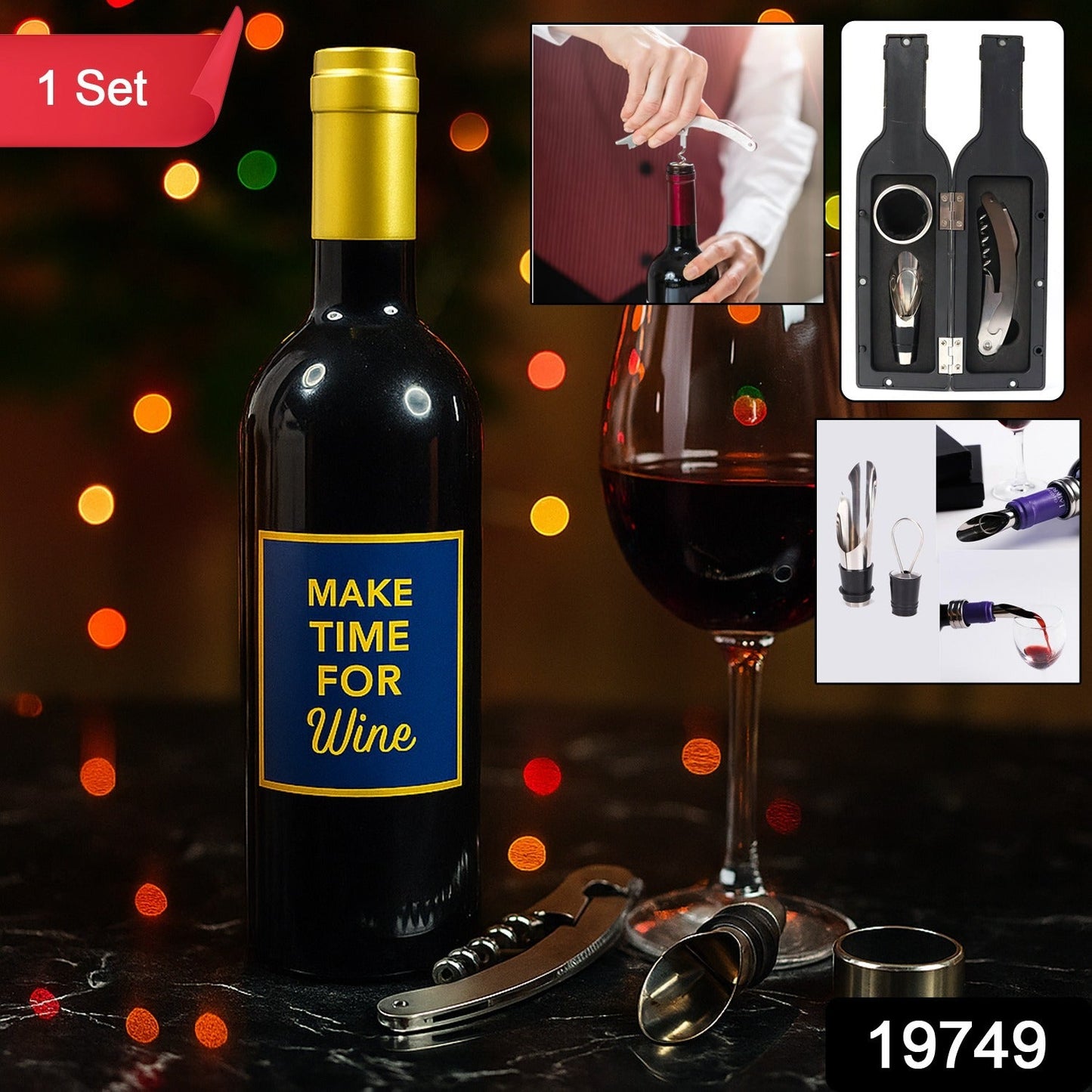 Decorative wine lover gift set in stylish bottle-shaped case