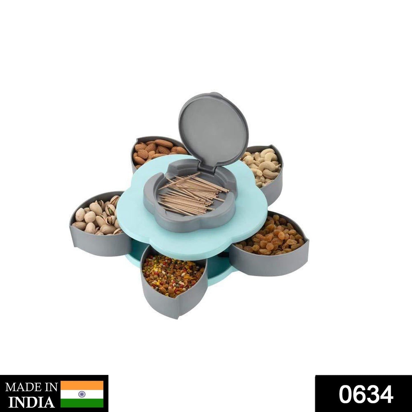 Modern petal-shaped smart candy box open to show five compartments.