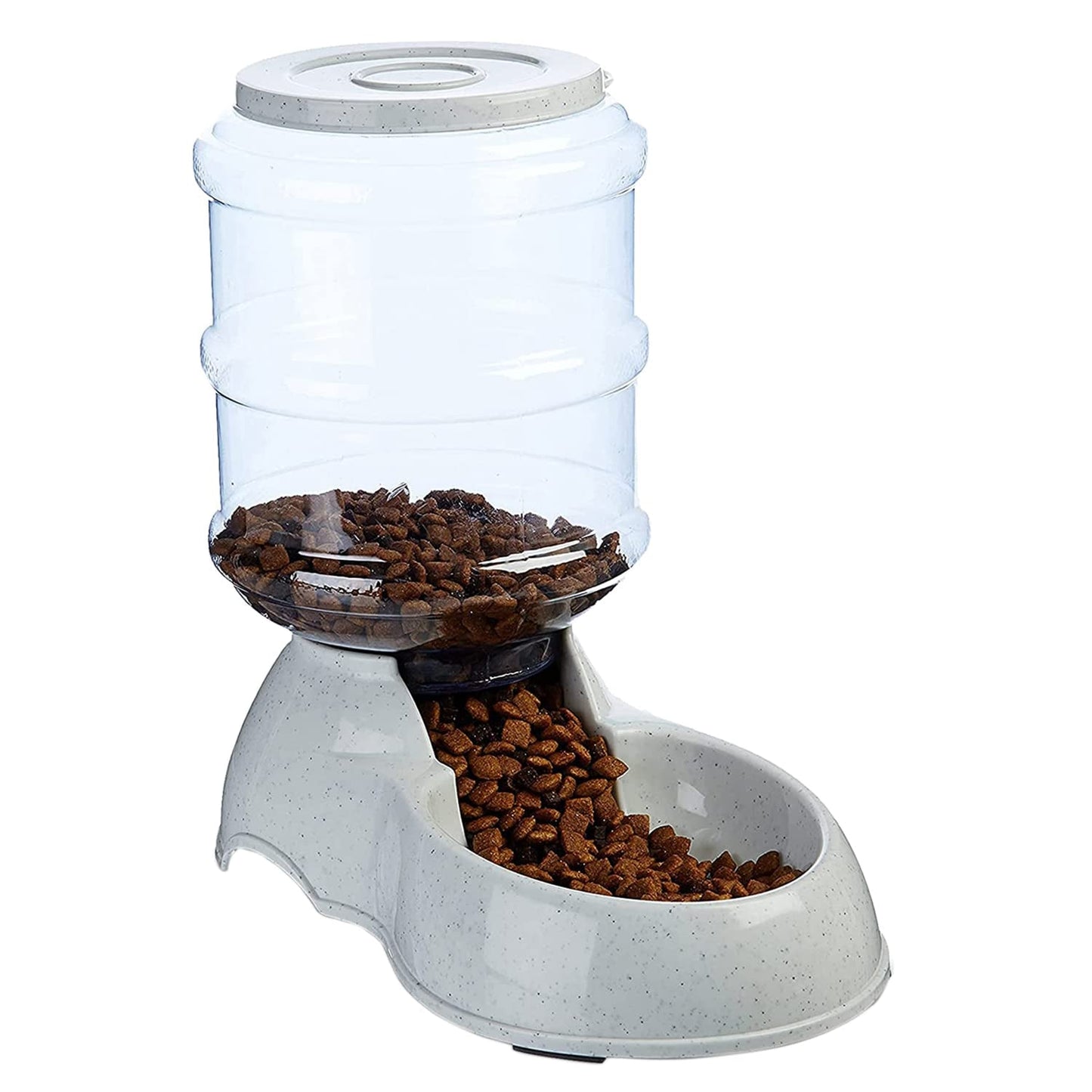 Close-up of the automatic pet food dispenser, highlighting its sturdy base and transparent bottle