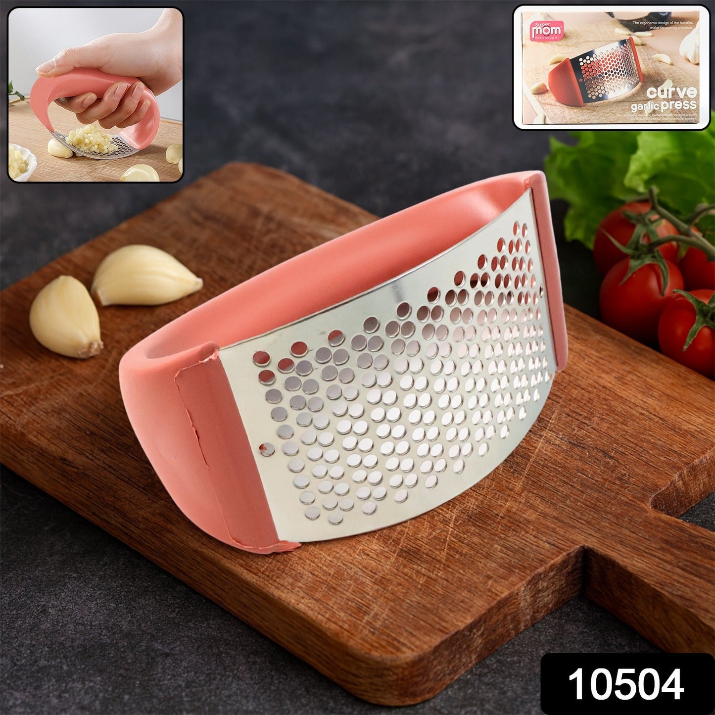 Close-up of stainless steel pressing surface of garlic press crusher