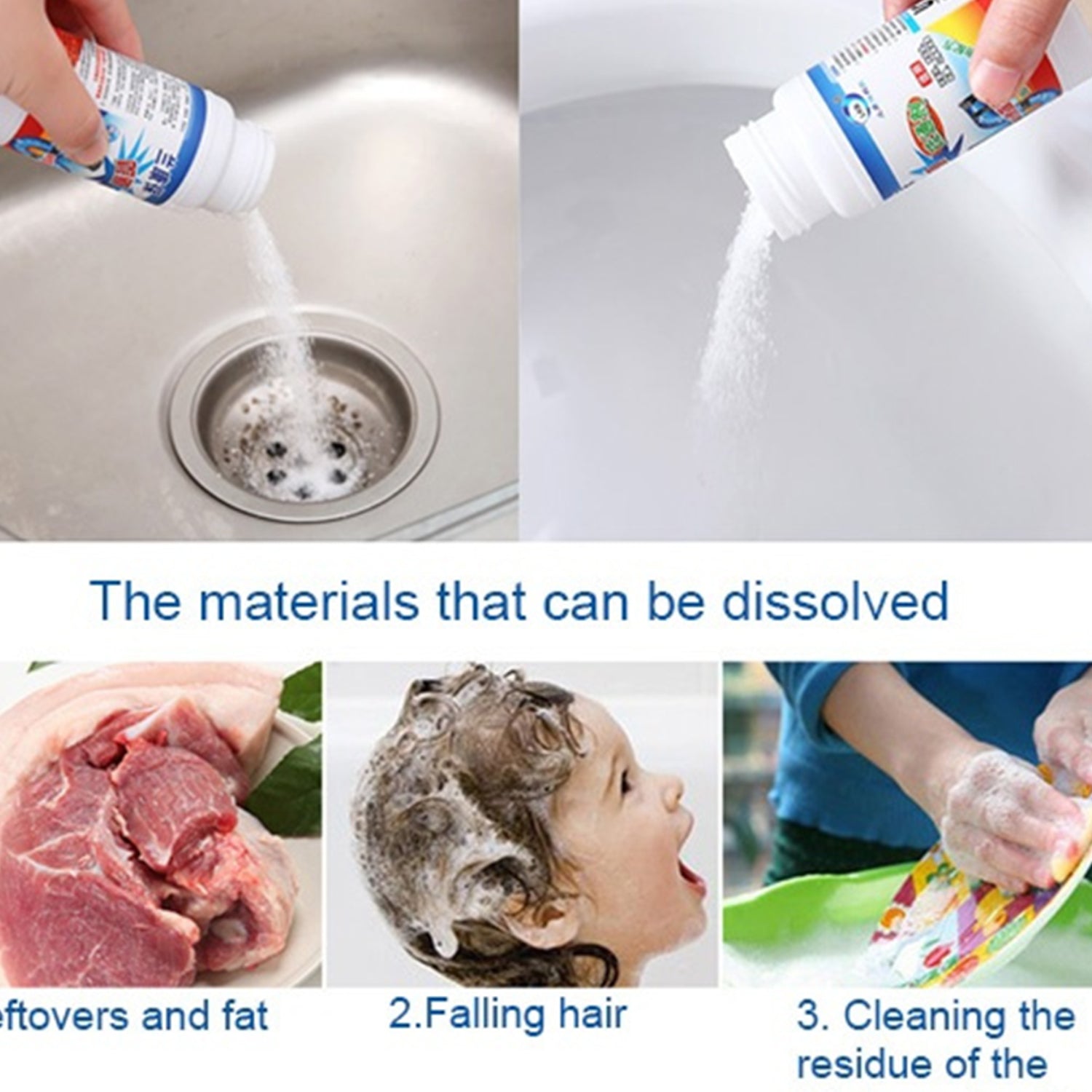 Effective drain cleaner powder clearing a blocked floor drain.