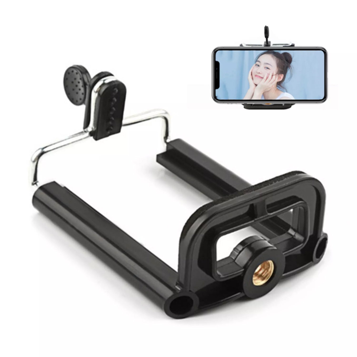 Universal mobile holder attachment ready for use with various phones and tripods.