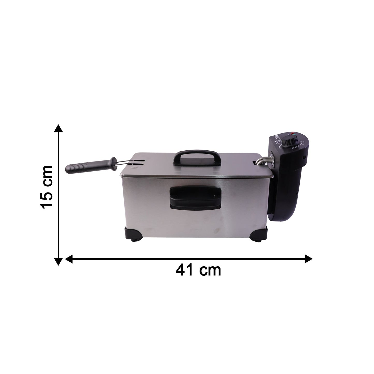 Temperature control knobs and indicator lights on Orbit deep fryer