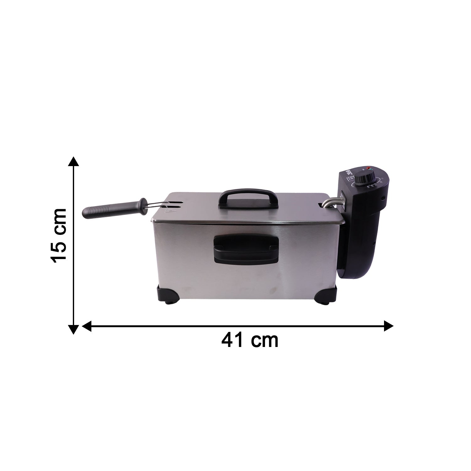 Temperature control knobs and indicator lights on Orbit deep fryer
