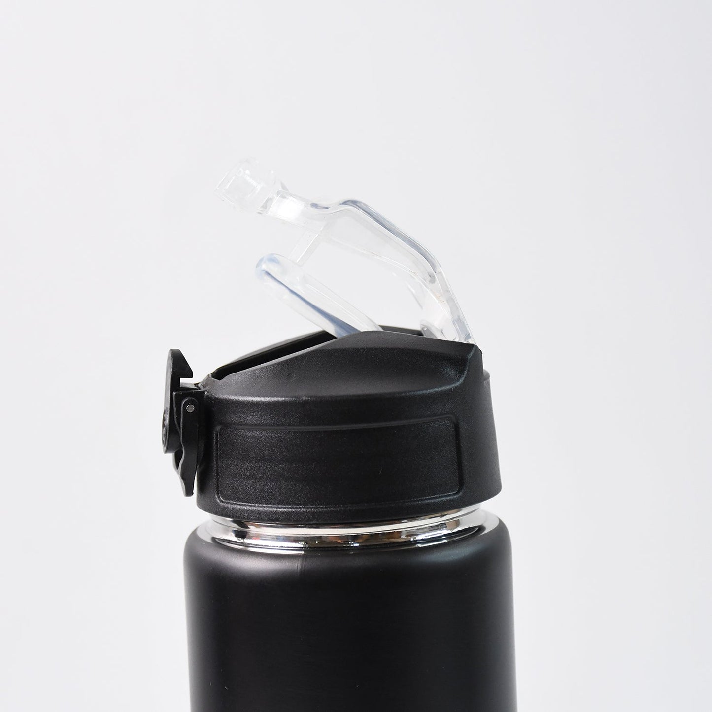 Flip-top lid with silicone straw on stainless steel sports water bottle