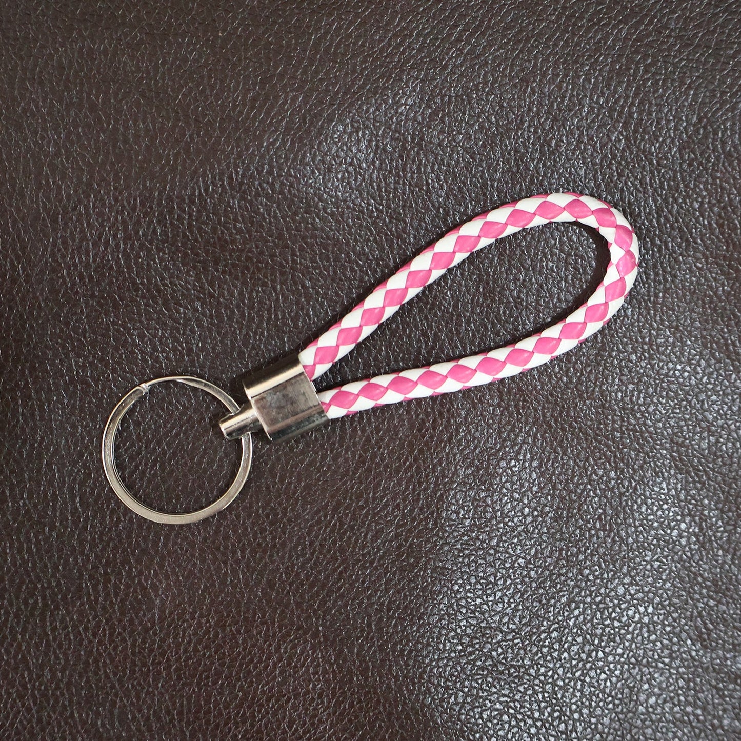 Stylish braided leather style keychain accessory with durable metal ring