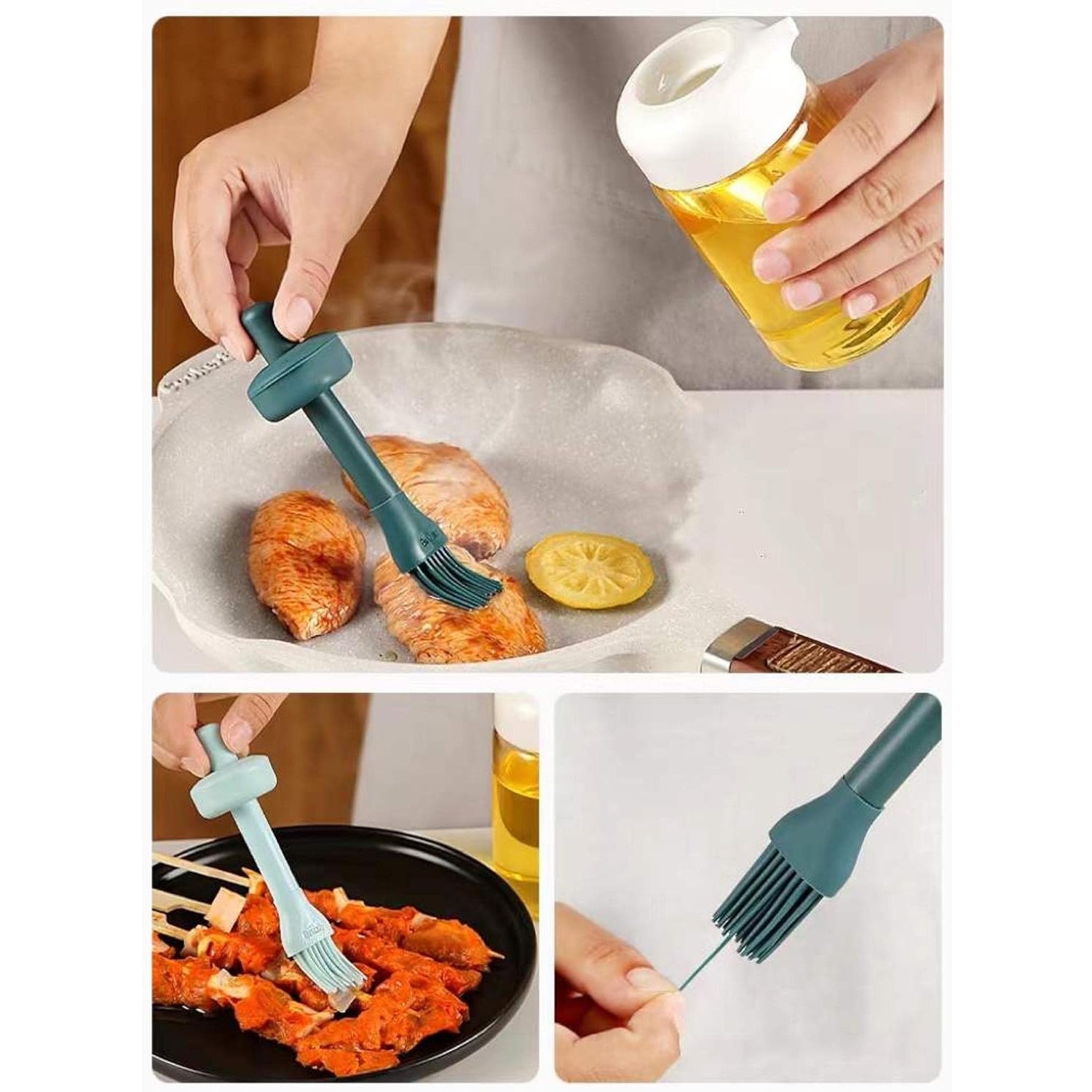 Set of two glass oil dispensers with brushes, highlighting kitchen convenience.