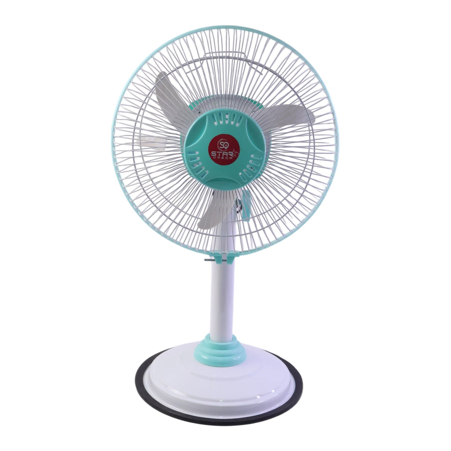 Close-up of safety grill and blades of pedestal fan