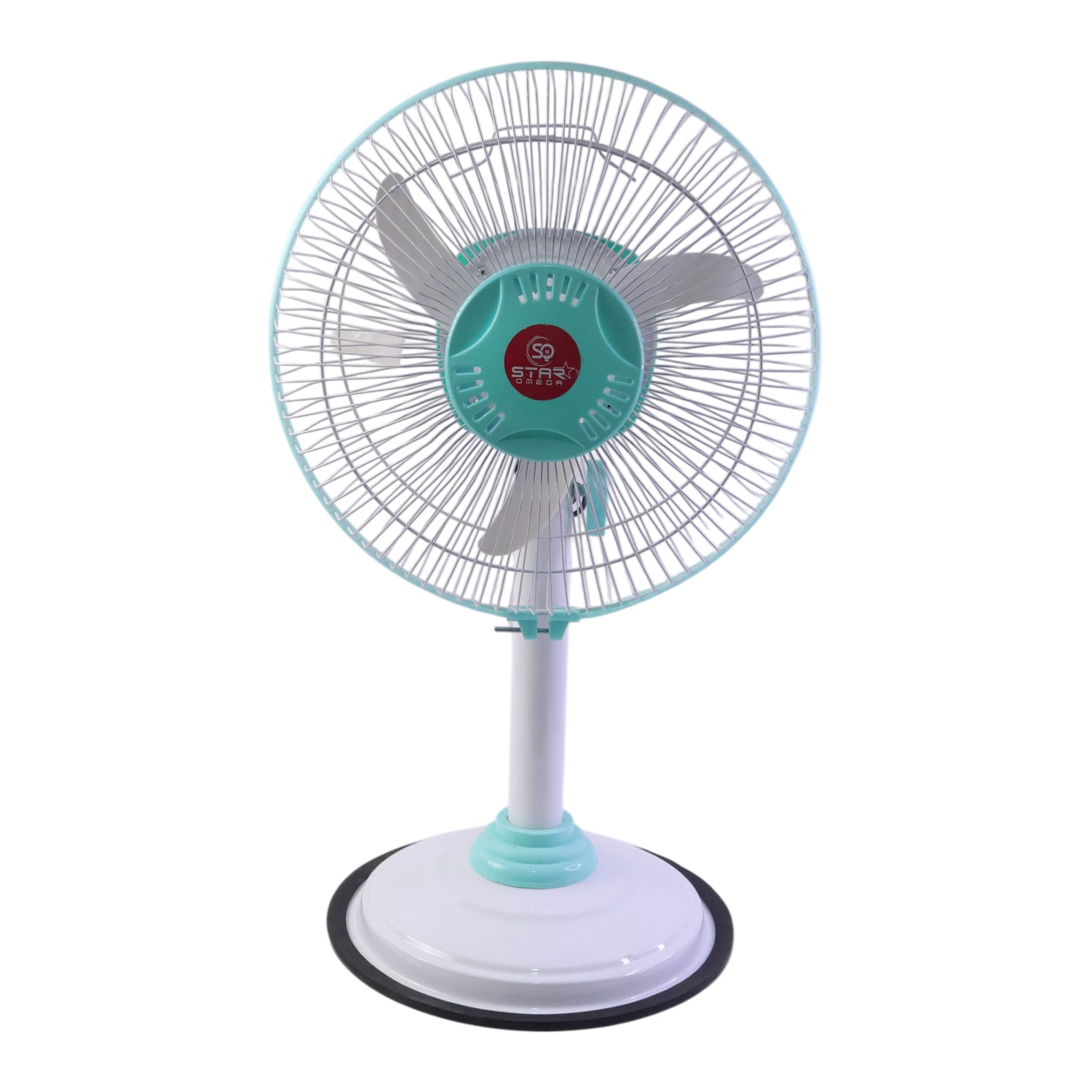 Close-up of safety grill and blades of pedestal fan