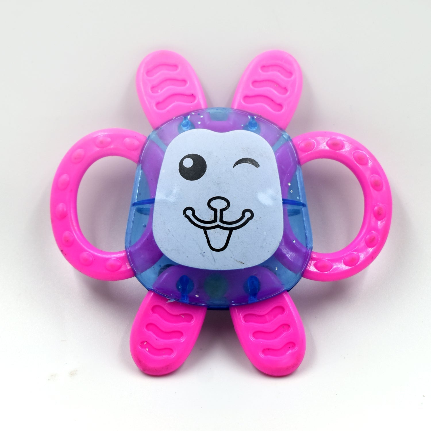 A set of three colorful baby rattles with various patterns, ideal for early learning.
