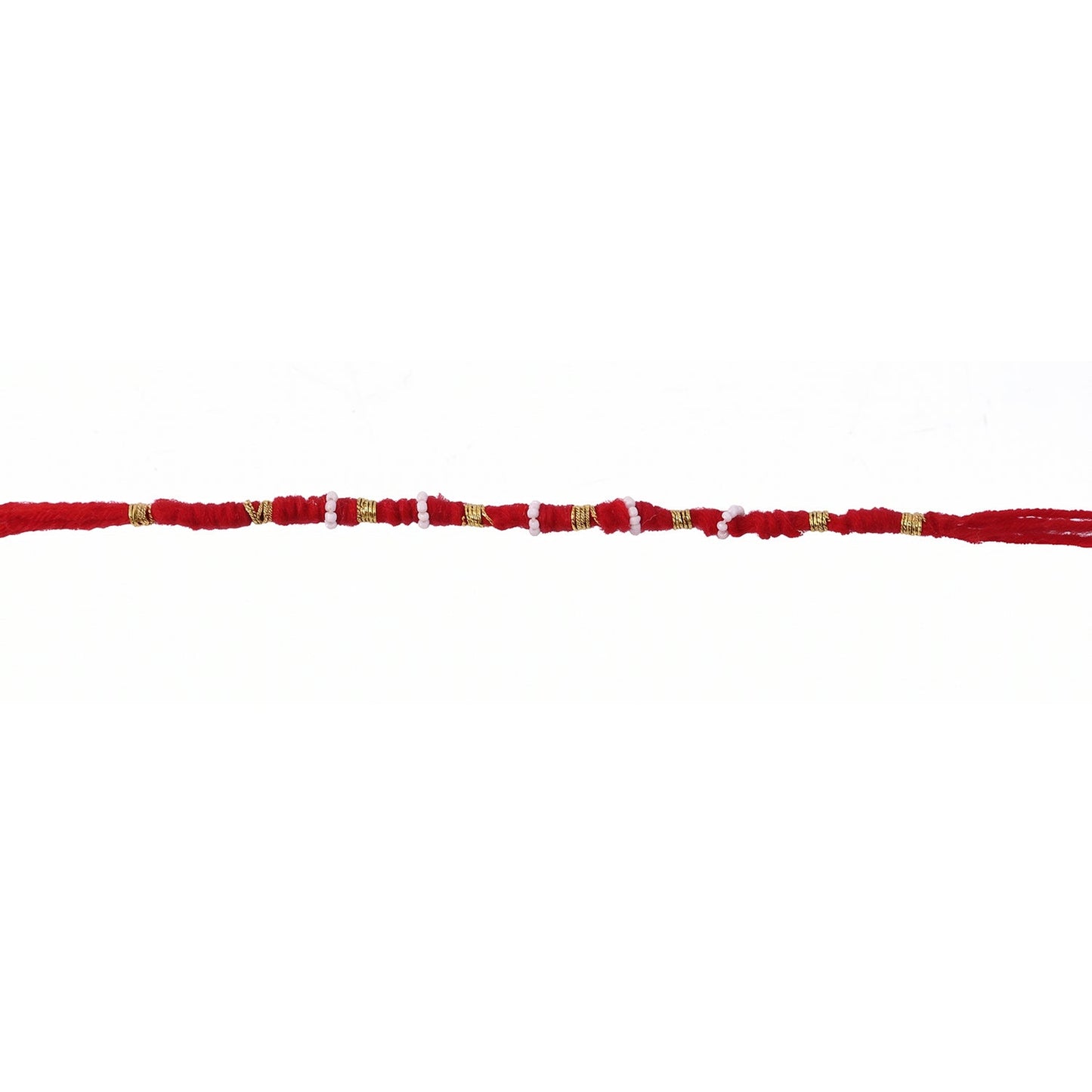Red mauli rakhi with decorative beads and golden details
