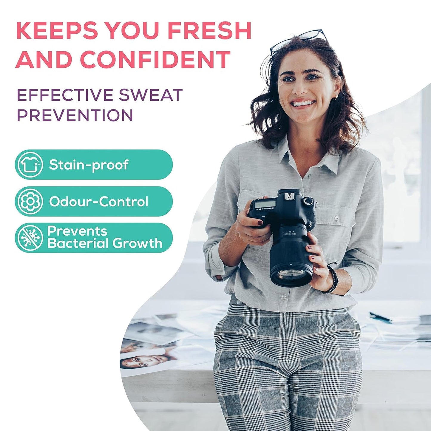 Model confidently raising arm, showcasing discreet anti-perspiration pad use.