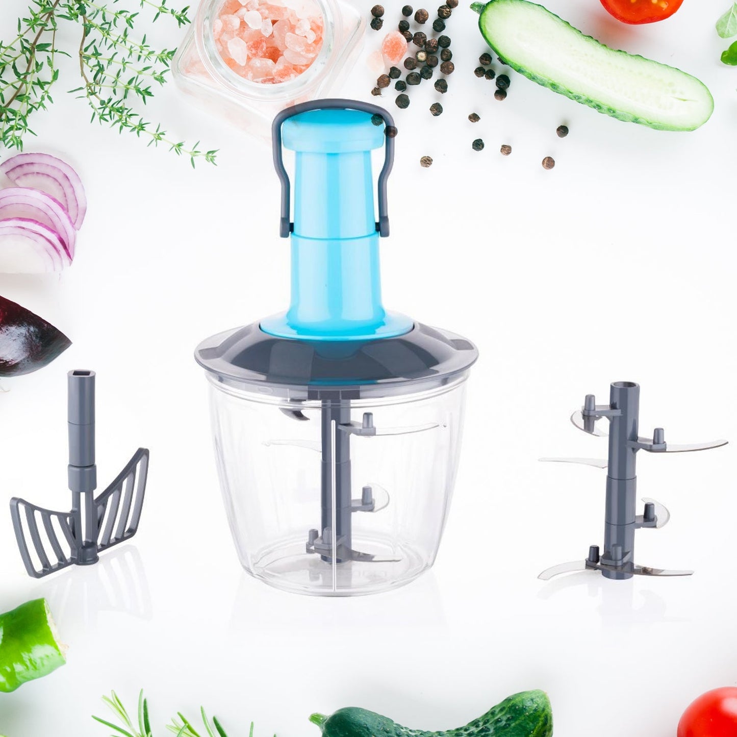 Manual vegetable chopper with 6 stainless steel blades and 950ML bowl