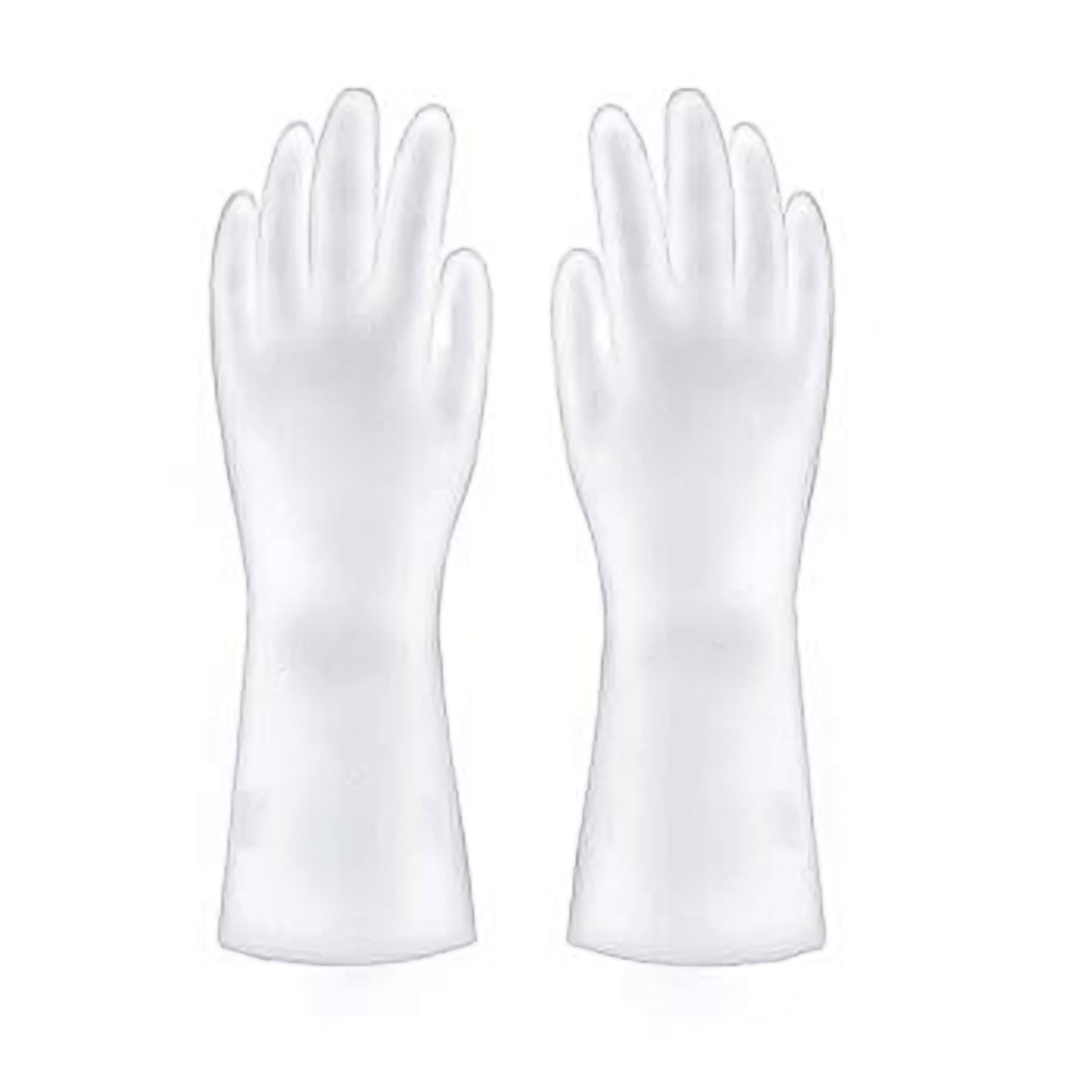 Heavy-duty cleaning gloves in use for bathroom scrubbing.